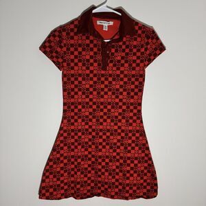 Urban Outfitters Red Orange Checker Floral Polo Mini Skater Dress Y2K Retro GoGo